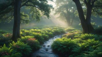 Flowing Stream Through Lush Green Forest with Sun Rays Shining Through photo