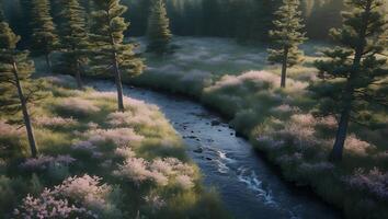 Flowing Stream Through Meadow with Pine Trees and Wildflowers Landscape photo