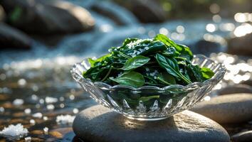 Spinach Bowl on Stone by River Water with Natural Light photo