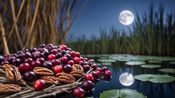 Cranberries and Pecans at Night by Water Under Moon photo