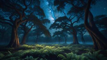 Exploring a Forest at Night Under a Starry Sky and Ferns photo