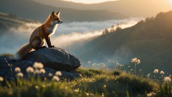 Fox Sitting on Rock Overlooking Misty Mountain Range at Sunrise photo