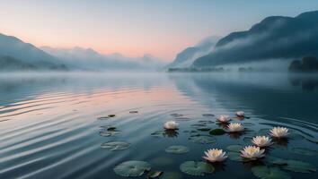 Water Lilies Floating on Calm Lake Reflecting Misty Mountains at Dusk photo