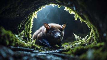 Bat Posing in Mossy Cave Entrance Illuminated by Soft Light photo