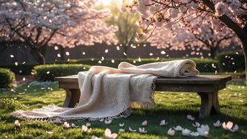 Blanket Drape Over Wooden Bench Under Blooming Cherry Blossom Tree photo