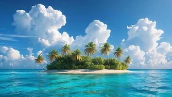 Tropical Island Paradise Palm Trees and Azure Sea Beneath Cloudy Sky photo