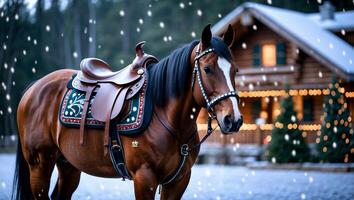 Saddled Horse Standing in Snowfall Near Log Cabin Festive Scene photo