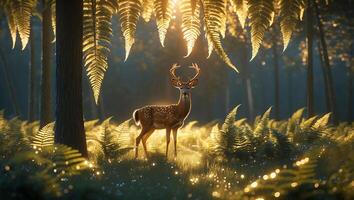Deer Standing in Forest Bathed in Sunlight Among Ferns and Trees photo