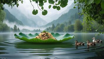 Rice with Mushrooms on Lotus Leaf Floating on Misty Lake photo