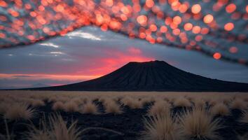 Mountain Peak View at Twilight with Dry Grass and Soft Light photo