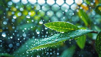Rain Falling on Green Leaves with Water Droplets and Bokeh photo