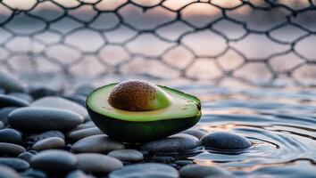 Sliced Avocado Resting on Pebble Beach Shoreline with Calm Water photo