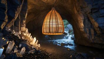 Illuminated Wicker Lamp Hanging in Cave Entrance with Waterfall photo
