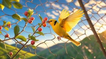 Yellow Bird Eating Berries Flying Near Wire Fence in Sunlight photo