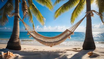 Hammock on Tropical Beach Between Palm Trees with Seashells at Shore photo