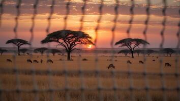 Grazing Animals at Sunset in Savanna Landscape Through Wire Fence photo
