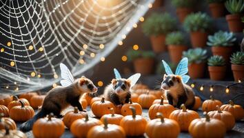 Ferret with Wings Sitting Among Pumpkins with Spiderweb Background photo