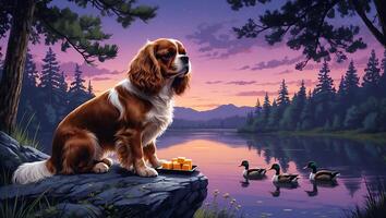 Dog Sitting Near Lake at Dusk with Ducks and Purple Sky photo
