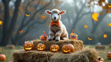 Sitting Sheep Surrounded by Halloween Pumpkins and Falling Autumn Leaves photo