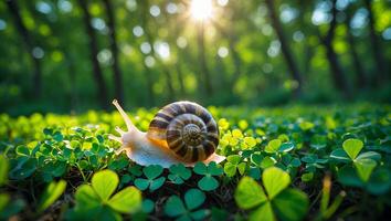 Snail Crawling Through Clover Patch Under Sunlight in the Forest photo
