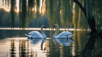 Two Swans Swimming on Calm Lake at Dusk with Willow Tree photo