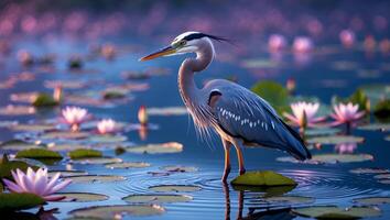 Great Blue Heron Standing Among Lily Pads in a Serene Pond photo