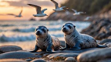 Seals Resting on Rocky Shore with Birds Flying at Sunset photo