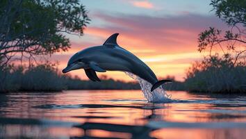 Dolphin Leaping From Water with Scenic Sunset and Sky Reflection photo