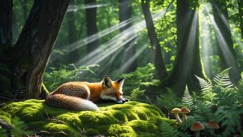 Resting Fox in Forest with Sunlight and Mossy Ground Cover photo