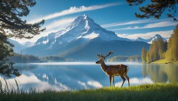 Deer Grazing Beside Calm Lake with Snow Covered Mountain Backdrop photo
