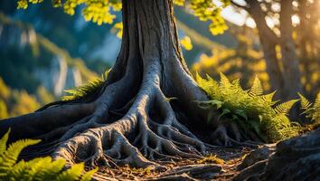 Tree Roots and Ferns in Forest with Sunlight Streaming Through photo