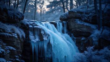 Icy Waterfall Cascading Through a Snowy Winter Landscape Scene photo