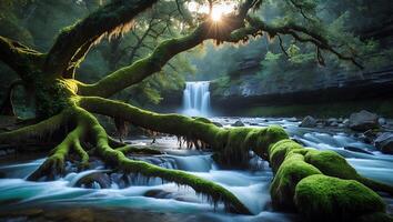 Waterfall and Mossy Tree Branch Over Flowing River at Sunrise photo