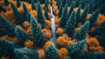 Aerial View of Evergreen Trees and River in Forest in Autumn photo