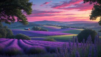 Lavender Field Landscape at Sunset with Rolling Hills and Colorful Sky photo