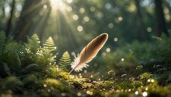 Floating Feather Illuminated by Sunlight in a Lush Fern Forest photo