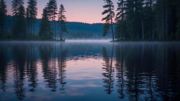 Peaceful Lake Reflection at Dusk with Evergreen Trees and Soft Light photo