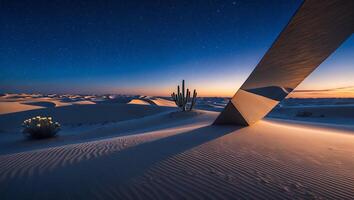 Desert Landscape with Cactus Silhouette and Unique Reflective Structure photo