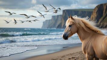 Horse Standing on Sandy Beach with Seagulls Flying Near Cliffs photo