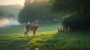 Deer and Rabbit Family Gathering in a Misty Meadow at Sunrise photo