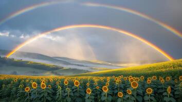 Sunflower Field Landscape with Rainbow, Foggy Hills and Cloudy Sky photo
