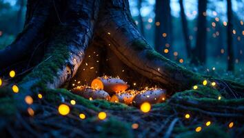 Forest Floor Scene with Glowing Lights and Tree Root Ambiance photo
