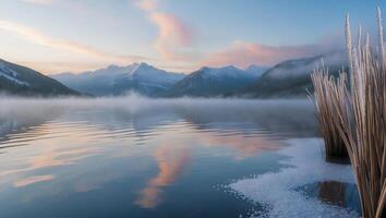Calm Lake Reflection with Misty Mountain Landscape and Frosty Reeds photo