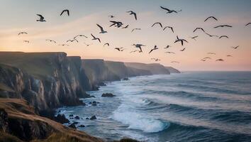 Birds Flying Over Ocean Cliffs at Sunset with Breaking Waves photo
