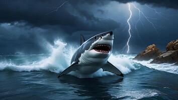 Shark Emerging From Ocean Waves During a Dramatic Lightning Storm photo