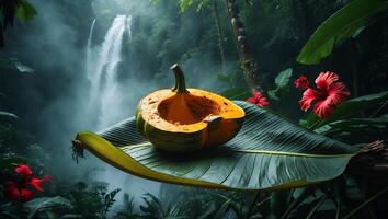 Halved Squash on Tropical Leaf with Waterfall in Lush Forest photo