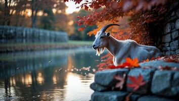 Goat Looking Over Water During Fall with Vibrant Autumn Leaves photo