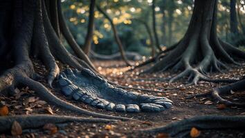 Giant Foot Sculpture Resting Among Tree Roots in Forest Setting photo