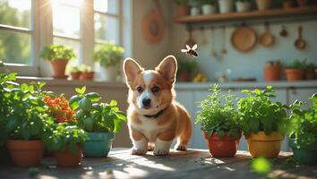 Corgi Puppy with Indoor Potted Plants and a Flying Bee photo