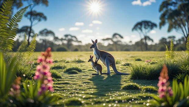 Kangaroo with Joey Standing on Grassy Field Under Sunny Sky photo